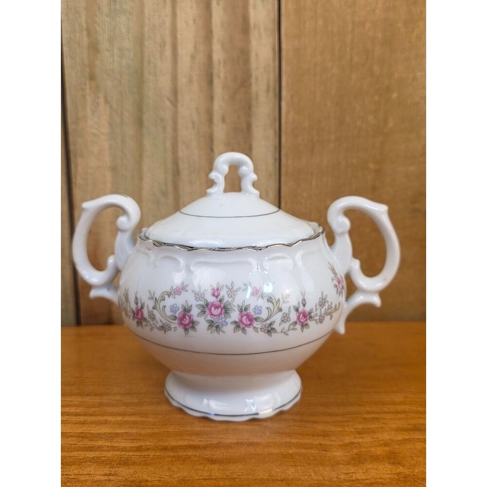 Vintage Porcelain Sugar Bowl With Lid & Floral Pink Rose Design